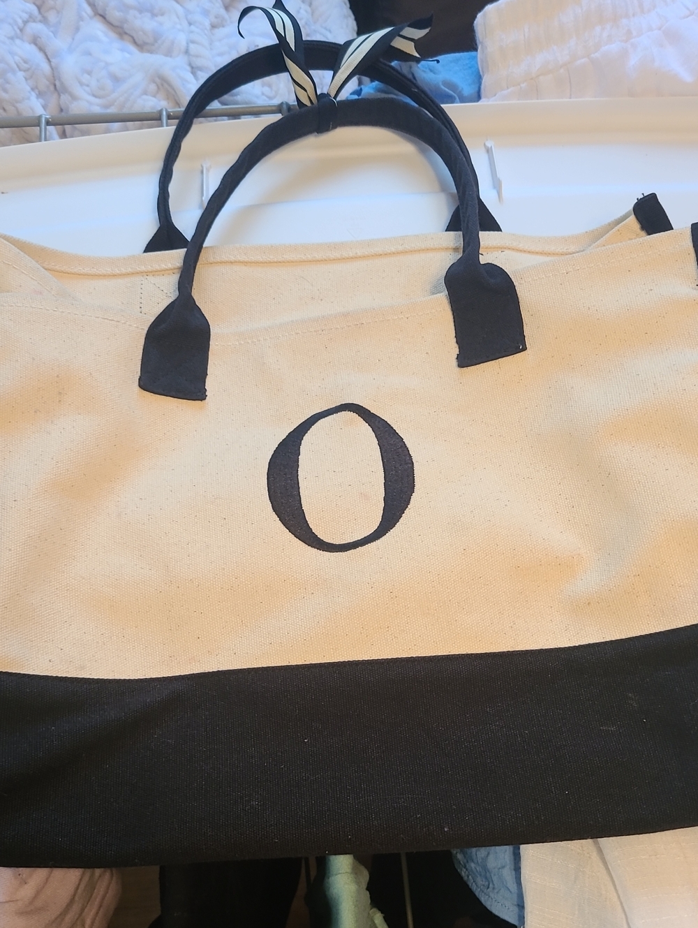 Canvas Tote Bag with Black Trim and Monogram O